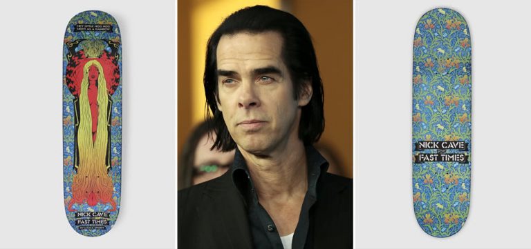 3 anel image of Nick Cave and his new skateboard design from Fast Times and Chuck Sperry