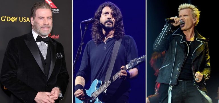 3 panel image of John Travolta, the Foo Fighters' Dave Grohl, and Billy Idol.