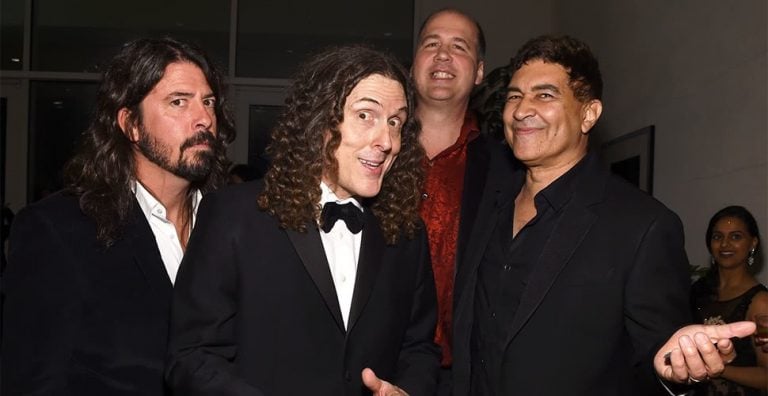 "Weird Al" Yankovic pictured with Dave Grohl and Pat Smear of the Foo Fighters, and Nirvana's Krist Novoselic