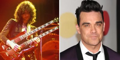 2 panel image of Led Zeppelin guitarist Jimmy Page and Robbie Williams