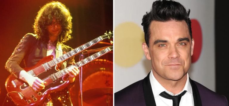 2 panel image of Led Zeppelin guitarist Jimmy Page and Robbie Williams
