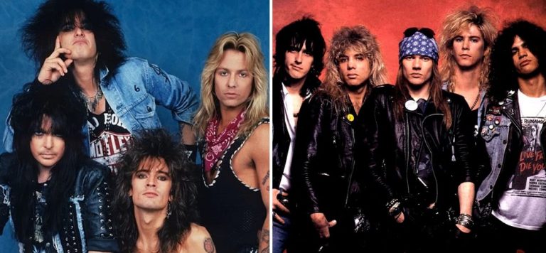 2 panel image of Mötley Crüe and Guns N' Roses
