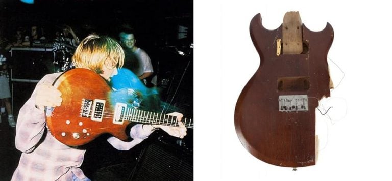 Kurt Cobain with his famous Aria Pro II guitar.