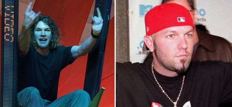 2 panel image of Rage Against The Machine's Tim Commerford and Limp Bizkit's Fred Durst