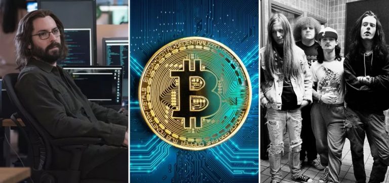 3 panel image of Martin Starr from 'Silicon Valley', a stylised version of Bitcoin, and an undated image of British grindcore band Napalm Death