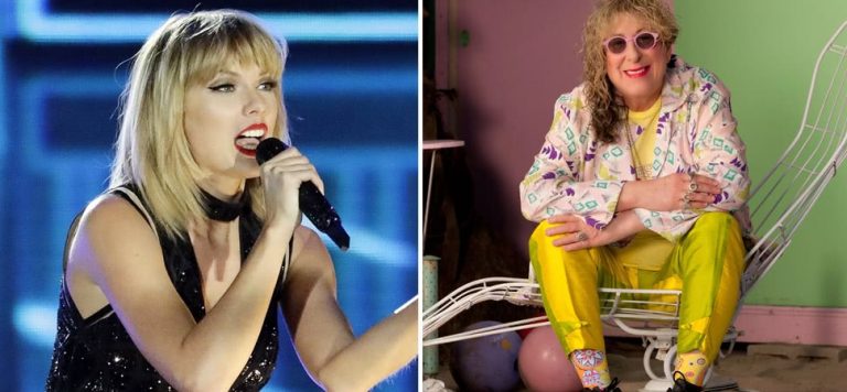 2 panel image of Taylor Swift and Earth, Wind & Fire songwriter Allee Willis