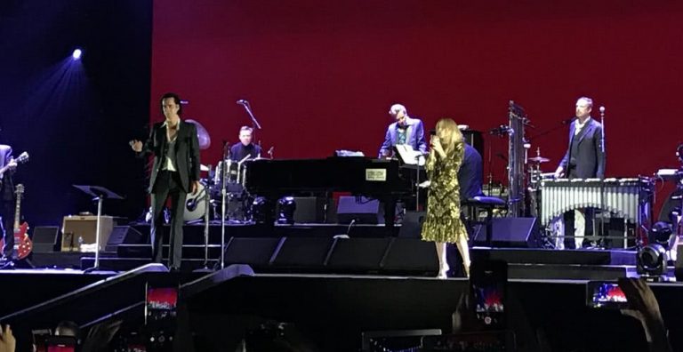 Nick Cave and Kylie Minogue performing at London's All Points East