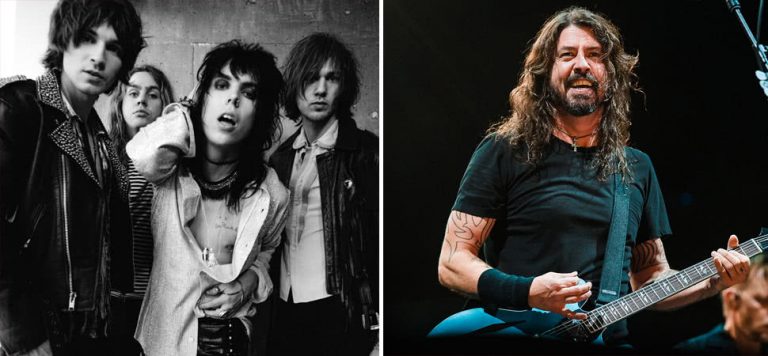 2 panel image of English rockers The Struts and Dave Grohl of the Foo Fighters