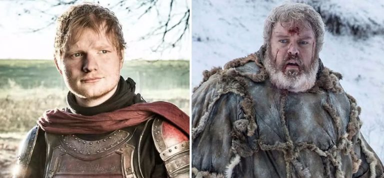 2 panel image of Ed Sheeran on Game Of Thrones, and actor Kristian Nairn