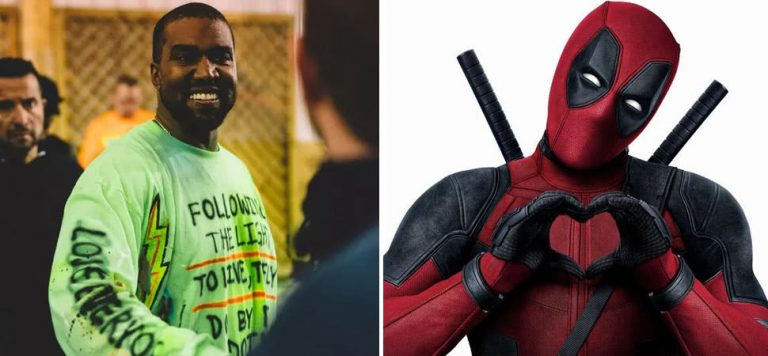 2 panel image of Kanye West and Ryan Reynolds as the title character in 'Deadpool'