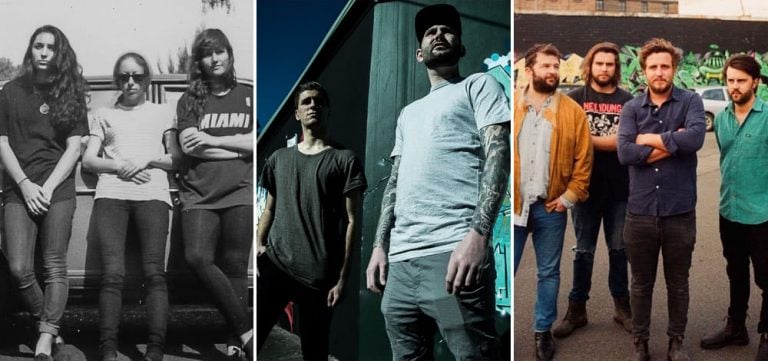 3 panel image of Camp Cope, Halfwait, and Bad//Dreems, three Australian guitar-playing bands