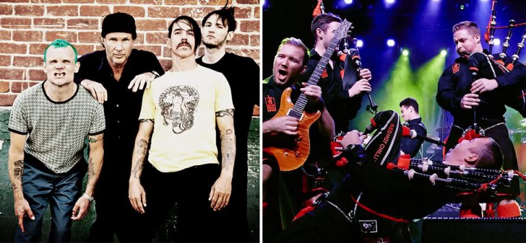 2 panel image of the Red Hot Chili Peppers and the Red Hot Chilli Pipers