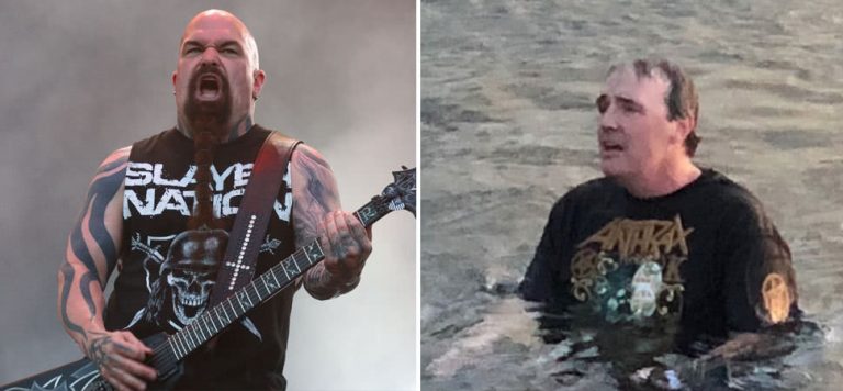 2 panel image of Kerry King from Slayer and Chris LaRocque, a drunk fan who swam back into the band's gig.
