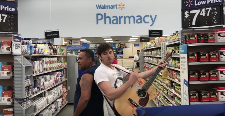 US musician Brett Newski performing in a US Walmart