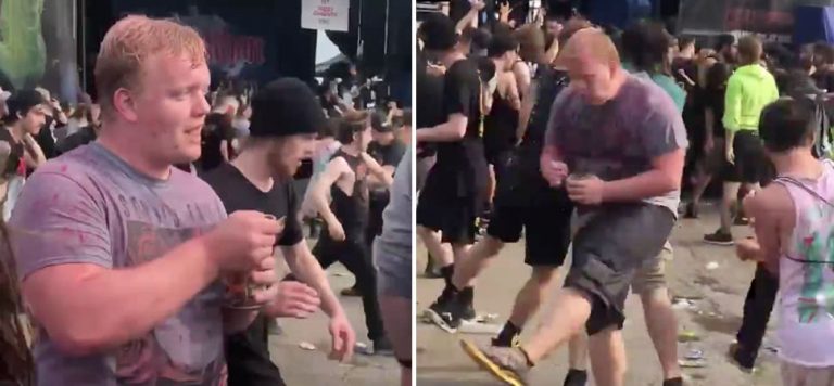 A Warped Tour attendee eating beans in the mosh pit