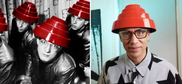 2 panel image of Devo and Fred Armisen wearing an energy dome