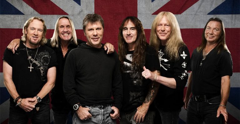 The current lineup of iconic English heavy metal band Iron Maiden