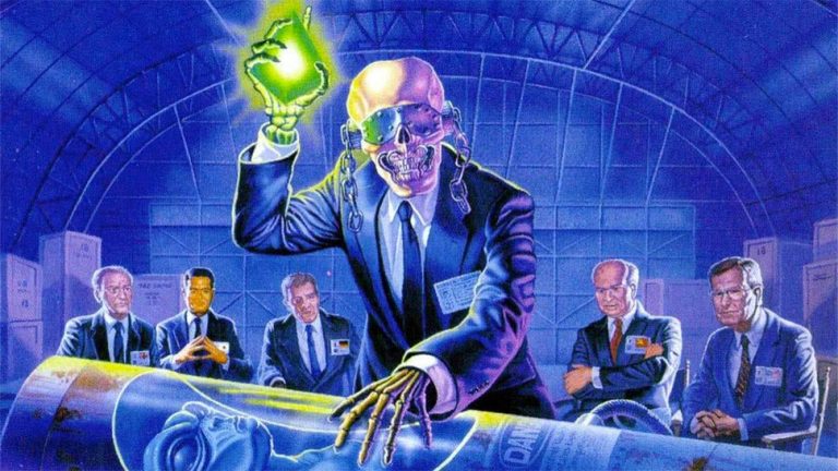 Image of Megadeth mascot Vic Rattlehead on the cover of their 1990 album 'Rust In Peace'