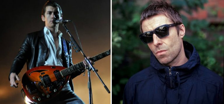 2 panel image of the Arctic Monkeys' Alex Turner and Oasis' Liam Gallagher