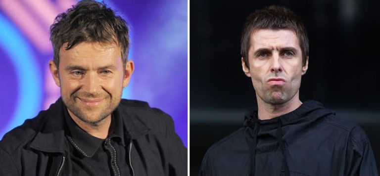 2 panel image of Blur's Damon Albarn and Oasis' Liam Gallagher