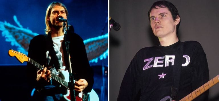 2 panel image of Nirvana's Kurt Cobain and the Smashing Pumpkins' Billy Corgan