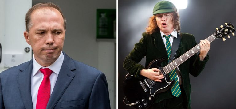 2 panel image of Petter Dutton and AC/DC's Angus Young
