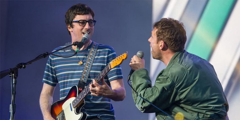 Blur's Graham Coxon and Damon Albarn (also of Gorillaz) performing at Hyde Park
