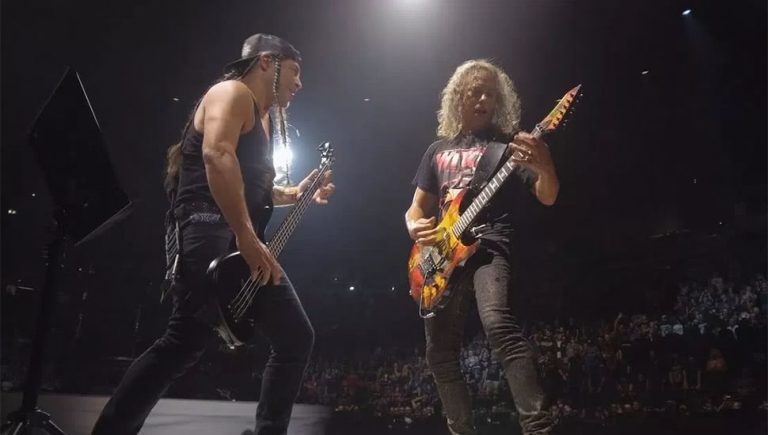 Rob Trujillo and Kirk Hammet of Metallica in concert