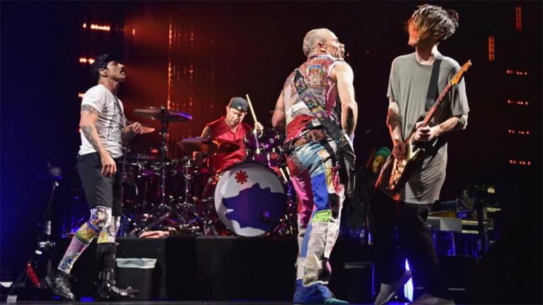The current lineup of the Red Hot Chili Peppers performing at Lollapalooza Chile 2018
