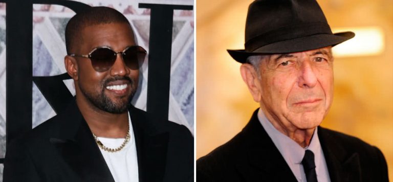 2 panel image of Kanye West and Leonard Cohen