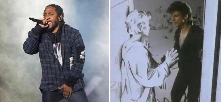 2 panel image of Kendrick Lamar and a screenshot from A-ha's 'Take On Me' video