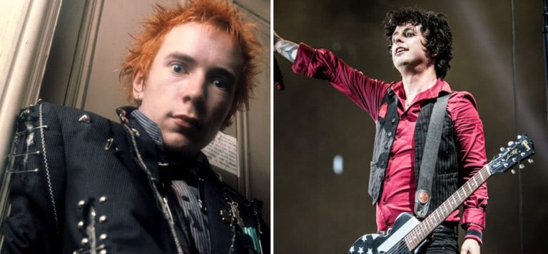 2 panel image of the Sex Pistols' Johnny Rotten and Green Day's Billie Joe Armstrong