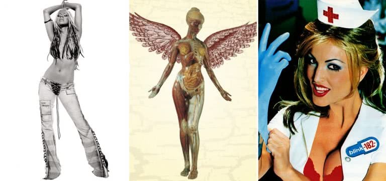 Three panel image featuring eventually-censored album covers by Christina Aguilera, Nirvana, and Blink-182