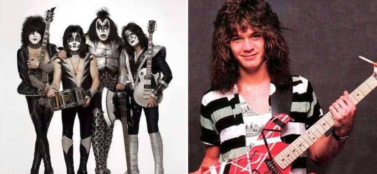 2 panel image of US rockers KISS and guitarist Eddie Van Halen