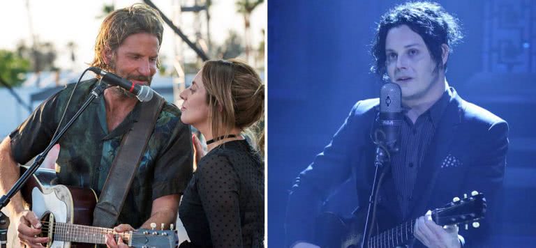 2 panel image of Bradley Cooper and Lady Gaga from 'A Star Is Born', and Jack White