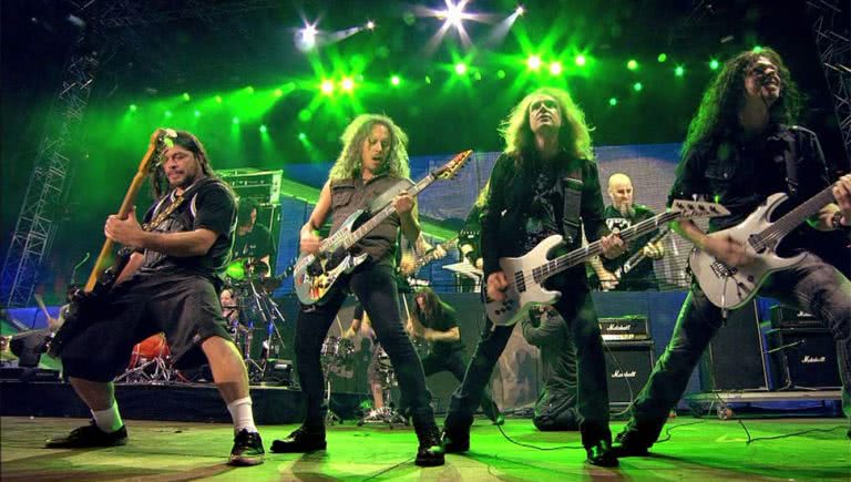 Members of Metallica, Slayer, Anthrax, and Megadeth performing for the Big Four concert in 2010