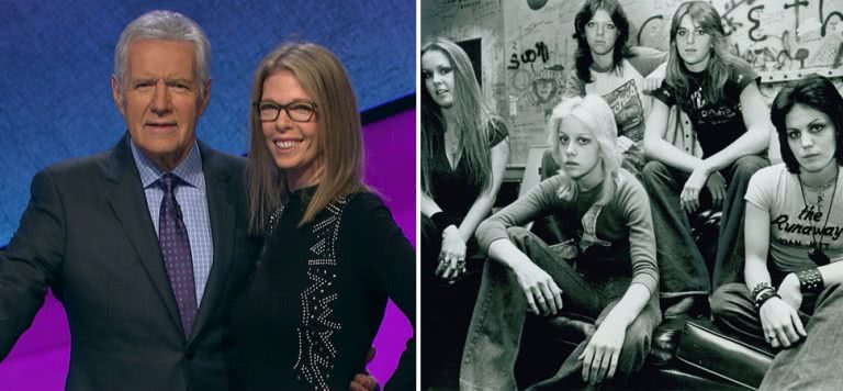 2 panel image of Jackie Fuchs as a winner on Jeopardy!, and as a member of The Runaways in the '70s