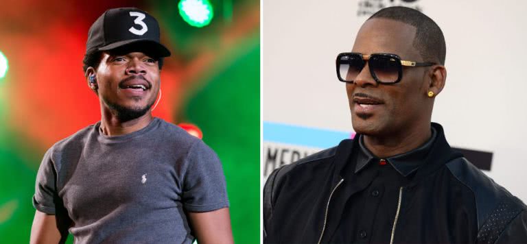 2 panel image of Chance The Rapper and controversial artist R. Kelly