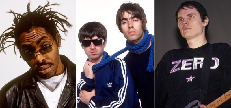 Three panel image of Coolio, Oasis, and The Smashing Pumpkins, three artists who topped triple j's Hottest 100 of 1995