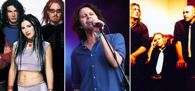 Three panel image of Killing Heidi, Powderfinger, and The Tenants, three artists who topped triple j's Hottest 100 of 1999