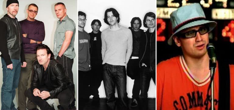 Three panel image of U2, Powderfinger, and Wheatus, three artists who topped triple j's Hottest 100 of 2000