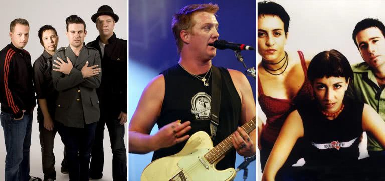 Hottest 100:Three panel image of Grinspoon, Queens Of The Stone Age, and The Waifs, three artists who topped triple j's Hottest 100 of 2002