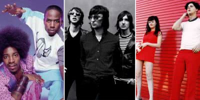 Three panel image of OutKast, Jet, and The White Stripes, three artists who topped triple j's Hottest 100 of 2003