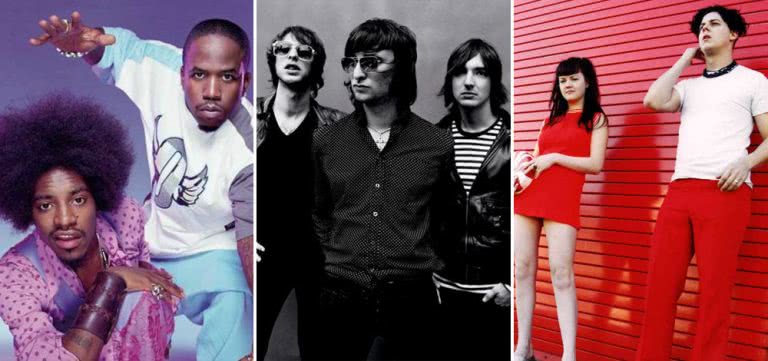 Three panel image of OutKast, Jet, and The White Stripes, three artists who topped triple j's Hottest 100 of 2003