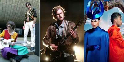 Three panel image of MGMT, Kings Of Leon, and Empire Of The Sun, three artists who topped triple j's Hottest 100 of 2008