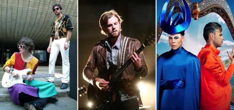 Three panel image of MGMT, Kings Of Leon, and Empire Of The Sun, three artists who topped triple j's Hottest 100 of 2008