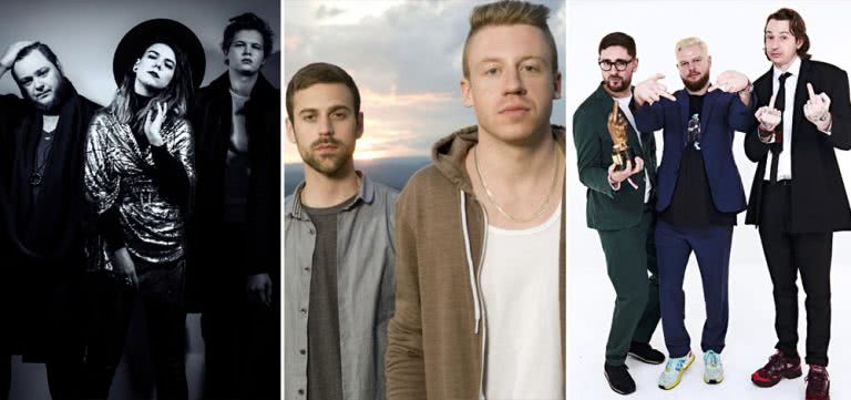 Three panel image of Of Monsters And Men, Macklemore and Ryan Lewis, and Alt-J, three artists who topped triple j's Hottest 100 of 2012