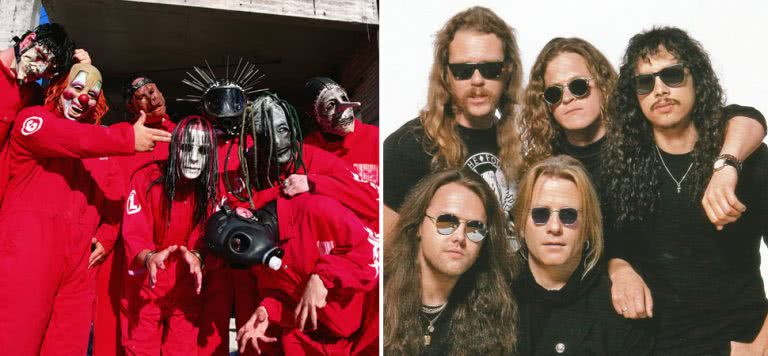 2 panel image featuring Slipknot and the 1991 era of Metallica, including producer Bob Rock