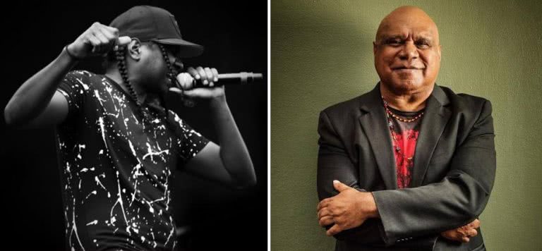 2 panel image of Baker Boy and Archie Roach, two performers at Bluesfest's Boomerang festival