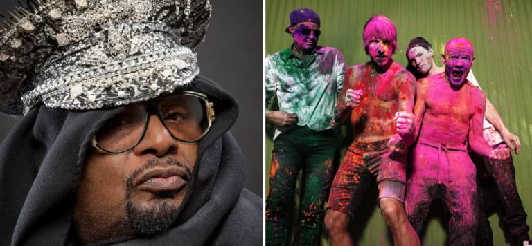 2 panel image of George Clinton and the Red Hot Chili Peppers
